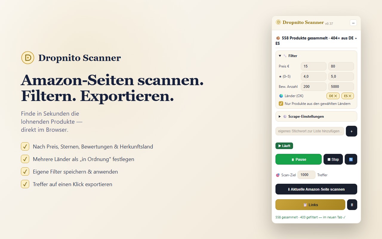 Dropnito Scanner — Amazon-Ergebnisseiten scannen, filtern und exportieren